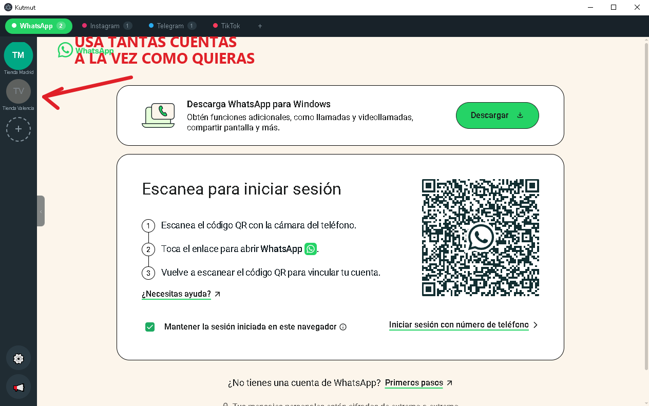 Genuine WhatsApp Web loaded inside Kutmut, with two shops in the sidebar