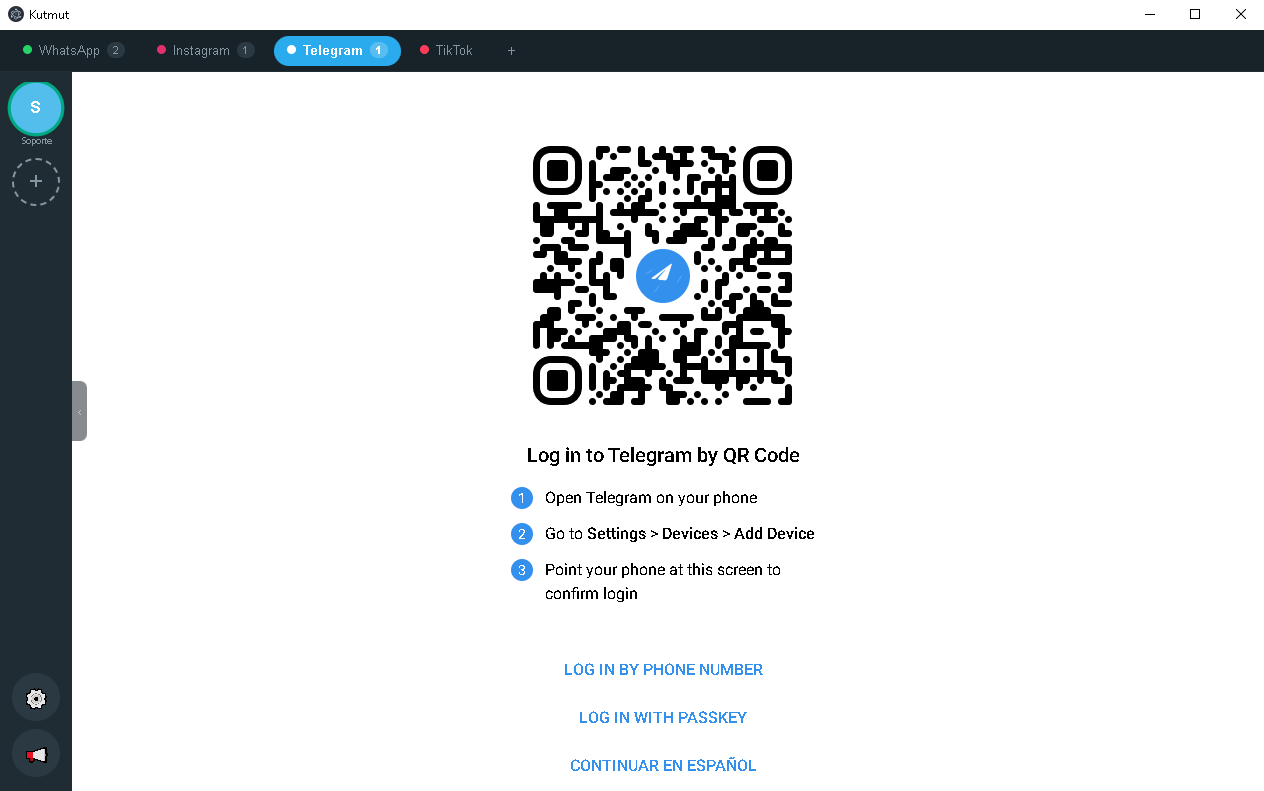 Telegram Web loaded in its own account inside Kutmut