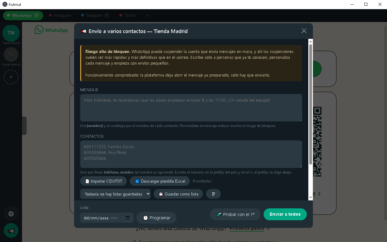 Send to many contacts panel in Kutmut with message, contact list and pace