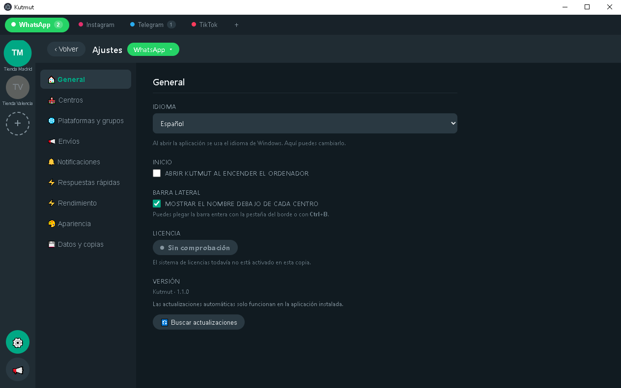 Kutmut settings page with language, startup, sidebar and licence