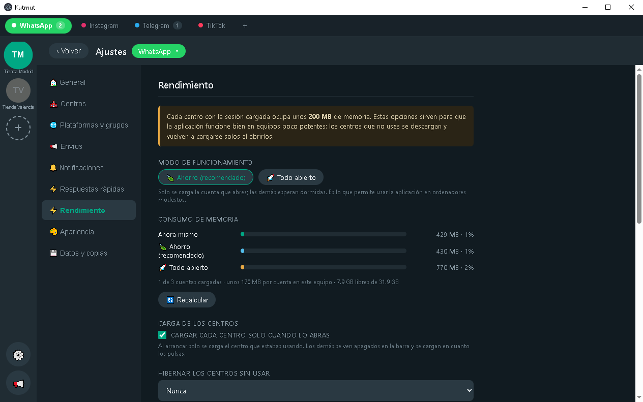 Kutmut performance settings showing real memory use